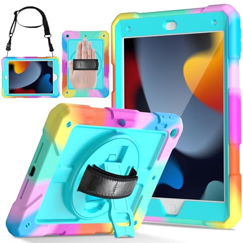 LTROP Case for iPad 9th/ 8th/ 7th Generation (2021/2020/2019), Shockproof 10.2” iPad Cover with Shoulder Strap Pen Holder Swivel Stand, Aqua Teal - Image 1