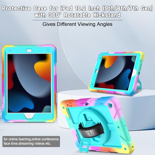 LTROP Case for iPad 9th/ 8th/ 7th Generation (2021/2020/2019), Shockproof 10.2” iPad Cover with Shoulder Strap Pen Holder Swivel Stand, Aqua Teal - Image 5