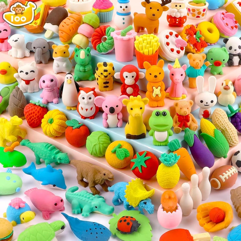 HINZER 100 Pack Animal Erasers for Kids Bulk Pull Apart 3D Puzzle Erasers Classroom Rewards and Prizes Class Treasure Box Kids Party Favors Back to School Supplies - Image 1