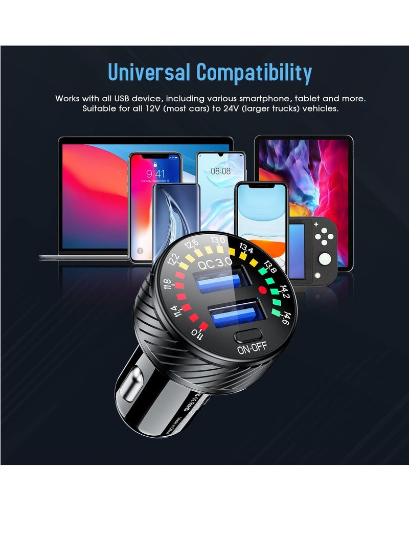 KASTWAVE محول شاحن سيارة ولاعة سجائر، USB 36 وات/3 أمبير QC3.0 شاحن سيارة سريع بمنفذين USB مع مفتاح فولتميتر LED لكاميرا الهاتف iPhone 13/12/11/X/XR، Galaxy S22 S21 20 10 9، محول شاحن سيارة - Image 3