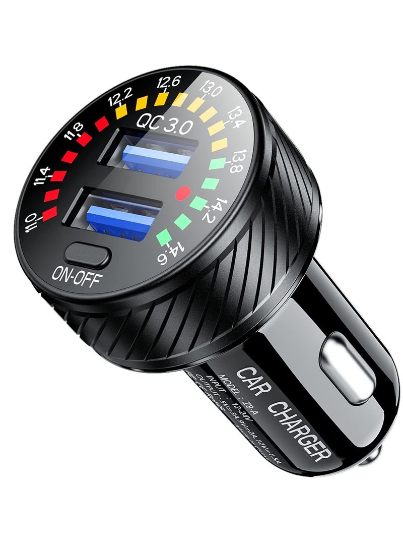 KASTWAVE محول شاحن سيارة ولاعة سجائر، USB 36 وات/3 أمبير QC3.0 شاحن سيارة سريع بمنفذين USB مع مفتاح فولتميتر LED لكاميرا الهاتف iPhone 13/12/11/X/XR، Galaxy S22 S21 20 10 9، محول شاحن سيارة - Image 1