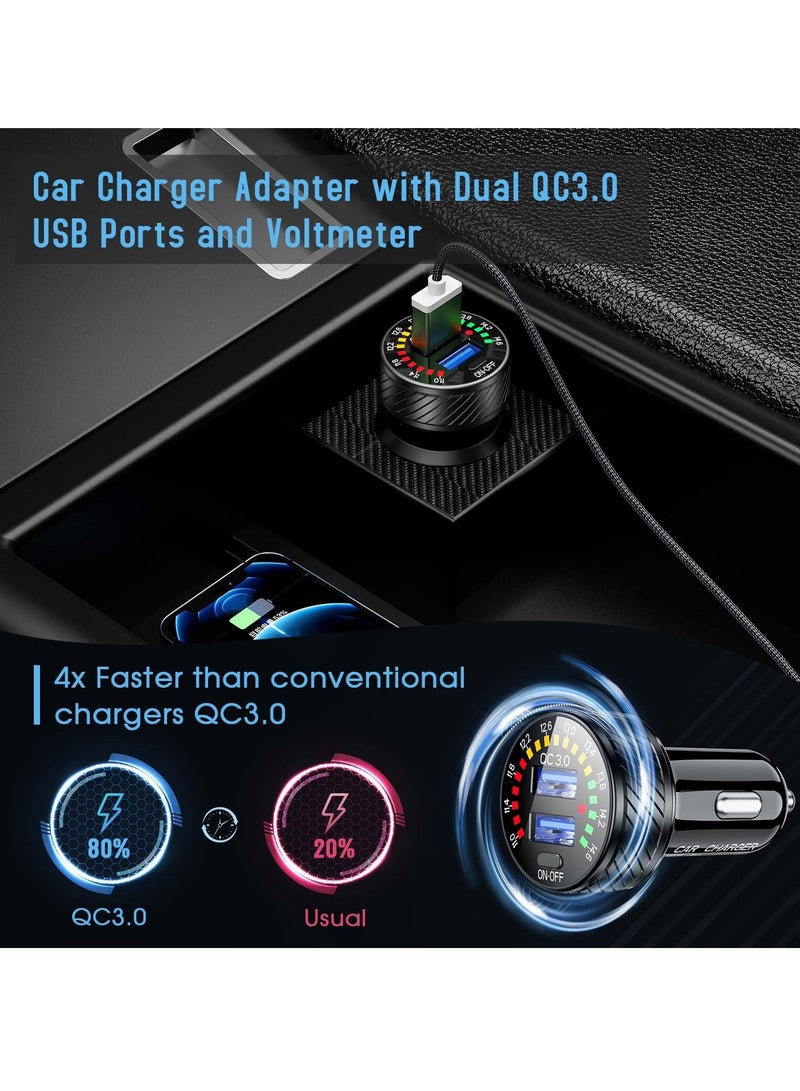 KASTWAVE محول شاحن سيارة ولاعة سجائر، USB 36 وات/3 أمبير QC3.0 شاحن سيارة سريع بمنفذين USB مع مفتاح فولتميتر LED لكاميرا الهاتف iPhone 13/12/11/X/XR، Galaxy S22 S21 20 10 9، محول شاحن سيارة - Image 4