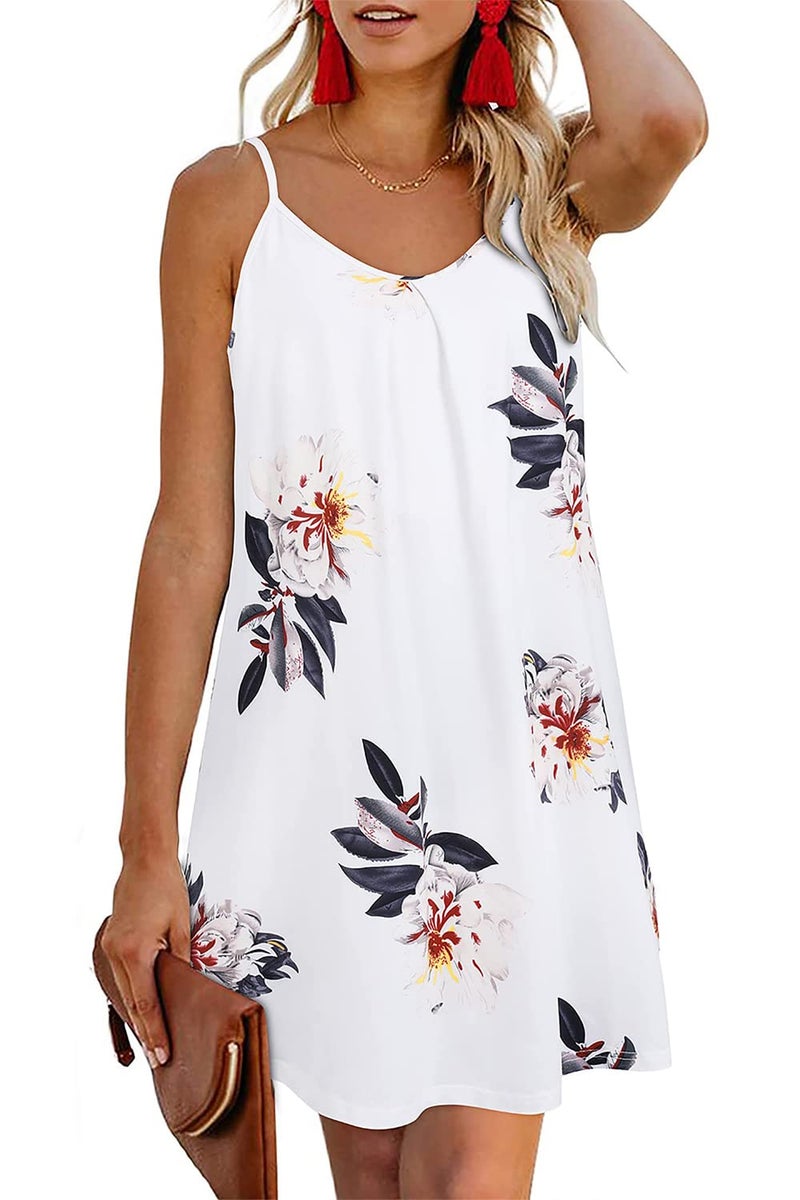 ULTRANICE Summer Dresses for Women 2025 Spring Casual Sundresses White Floral Beach Vacation Wedding Guest Outfits Clothes Cover Ups Mini V Neck Spaghetti Strap Dress(White Floral,M) - Image 1