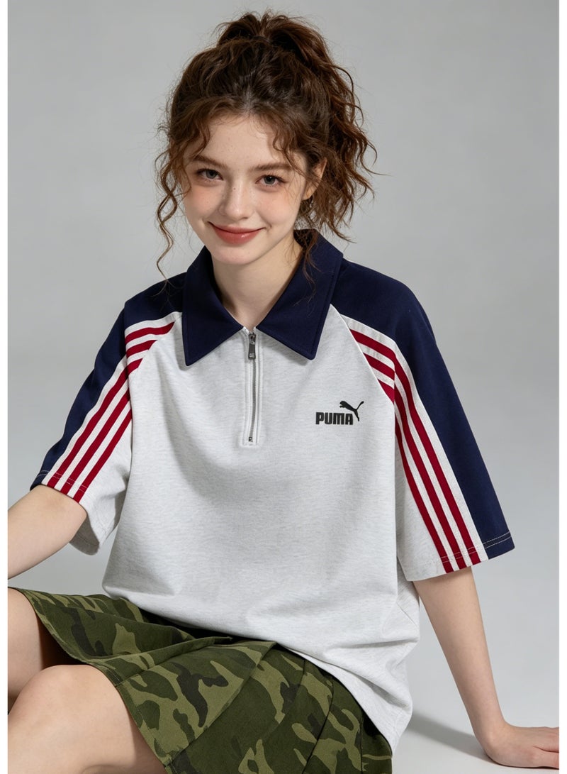 بوما بولو نسائي من PUMA بسحاب نصي، تصميم ريترو بألوان متعددة مع خطوط ثلاثية، قطن مريح، قصة واسعة - أبيض/أزرق داكن/أحمر - Image 1