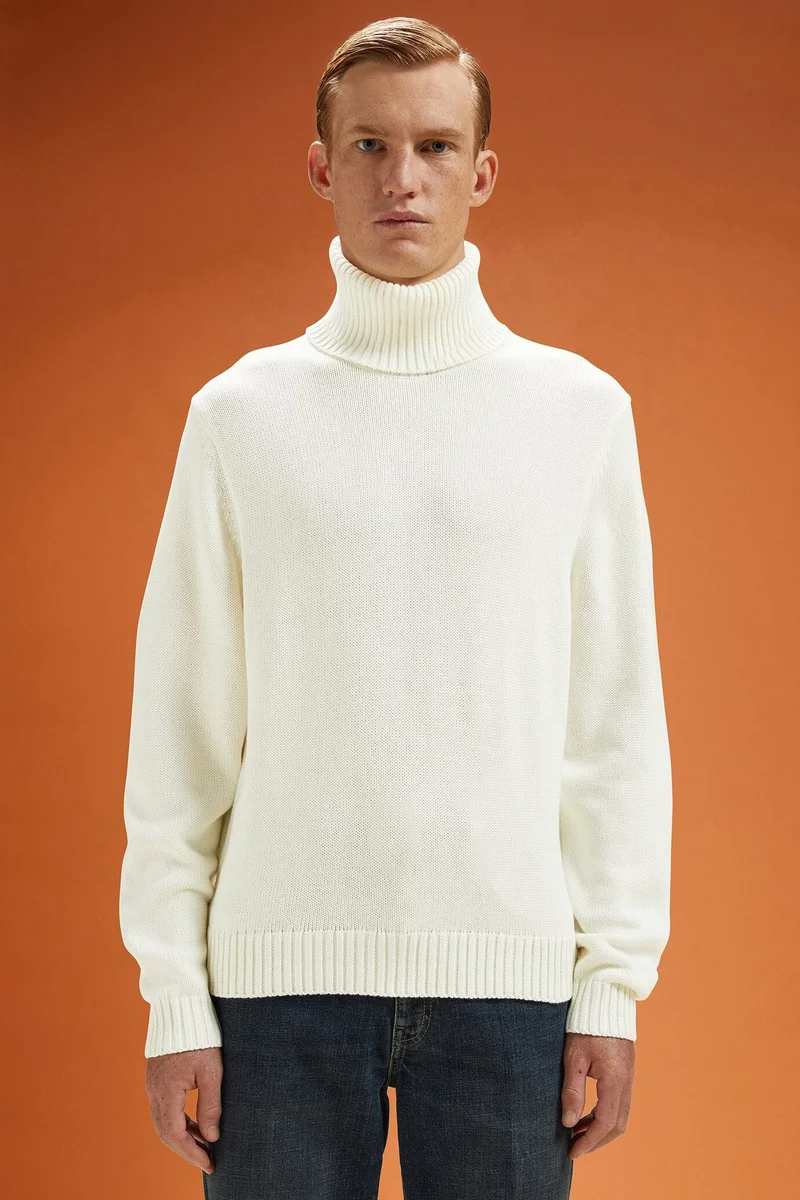 Men's ribbed knit polo neck jumper - Cream