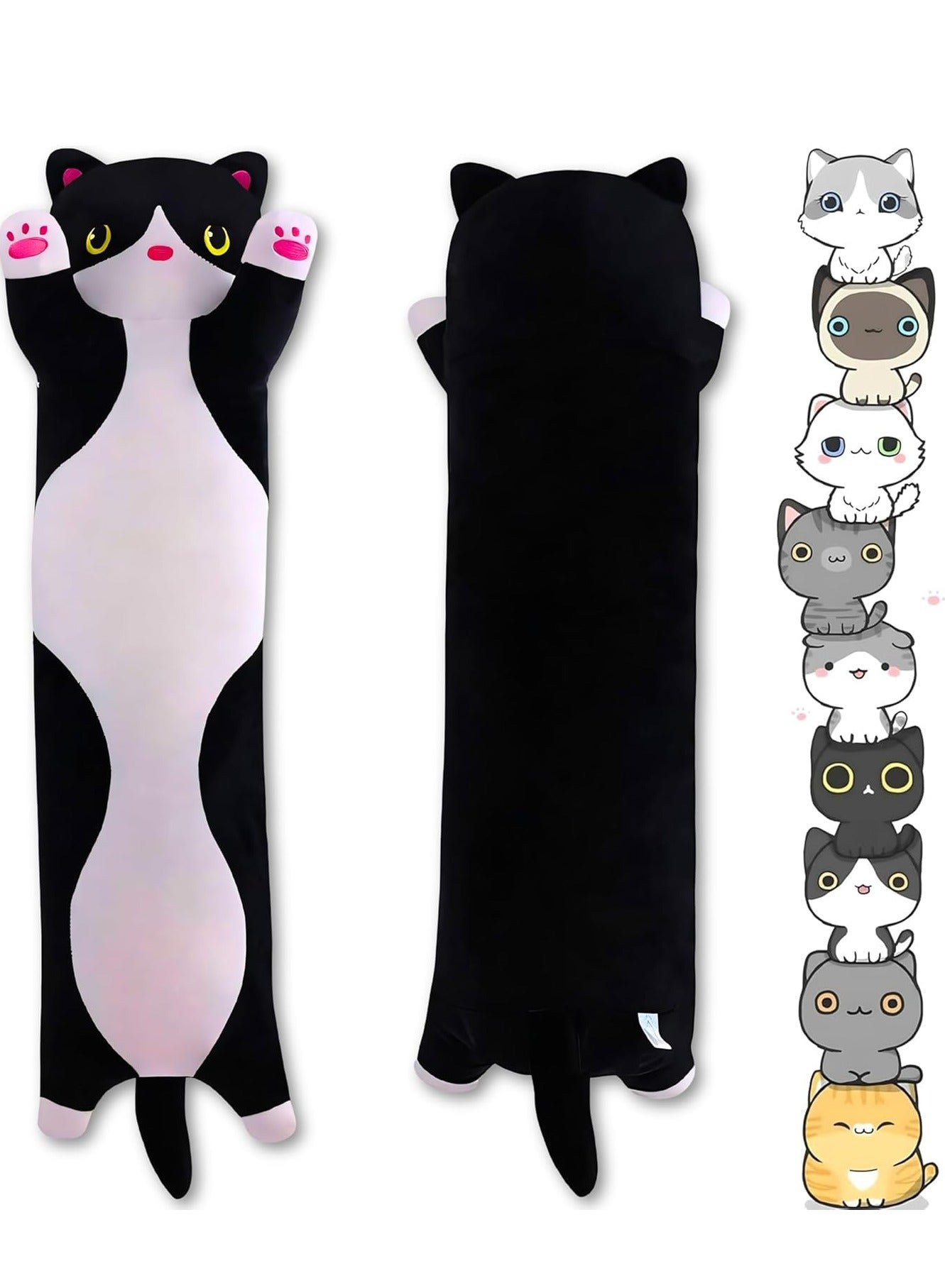 Cat Stuffed Animal Plush Pillow – Cute Long Cat Body Pillow, Soft Kitten Plush Toy, Cat Stuffed Animal for Kids, Girlfriend Gift, Cozy Decorative Throw Pillow (50CM, Black)