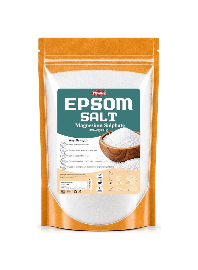 Flavoma Epsom Bath Salt Crystal and Bathing (1kg) | For refreshing Bath Soak, Pain Relief - Image 1