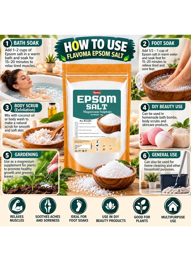 Flavoma Epsom Bath Salt Crystal and Bathing (1kg) | For refreshing Bath Soak, Pain Relief - Image 2