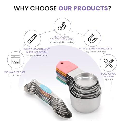 HOUJIP Magnetic Measuring Cups and Spoons Set-Heavy Duty 304 Stainless Steel，Double Measurement Markings，Set of 16 with Leveler for Measure Dry and Liquid Ingredients - Image 2
