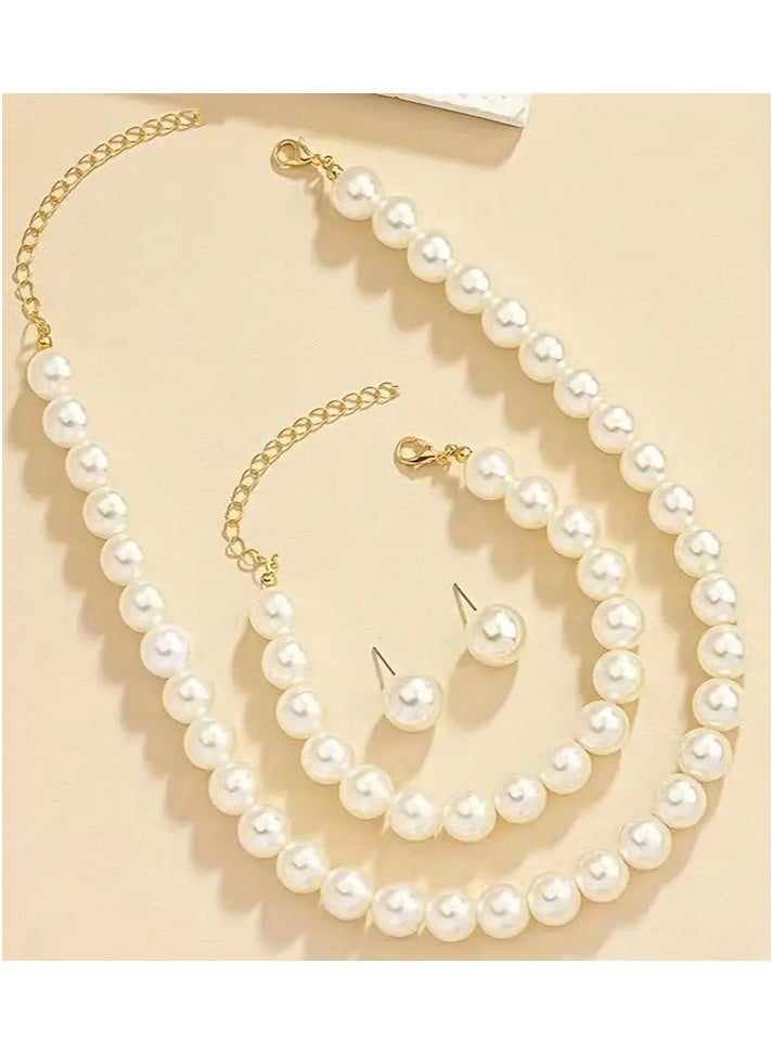 Elegant Faux Pearl Jewelry Set for Women - Necklace, Earrings, and Wrist Accessory, Daily Wear with Non-Metallic Clasp - 1 Set - Image 2