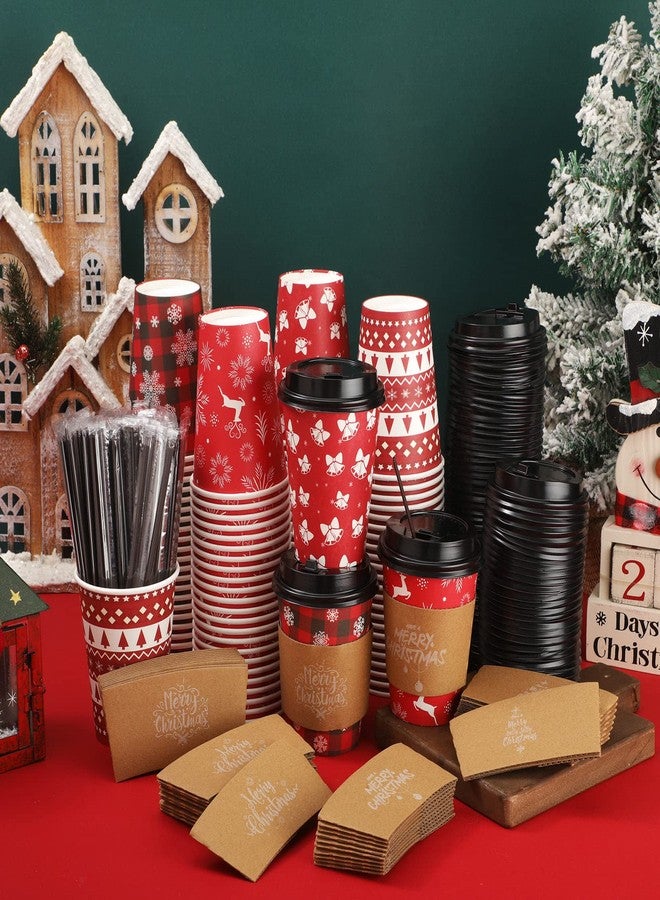 Remerry 100 Sets 400 Pcs 12 oz Christmas Disposable Coffee Cups with Lid, Straws and Sleeves Snowflake Reindeer Snowman Paper Cups Xmas Party Supplies for Hot Drink Cold Beverage(Classic Style) - Image 2