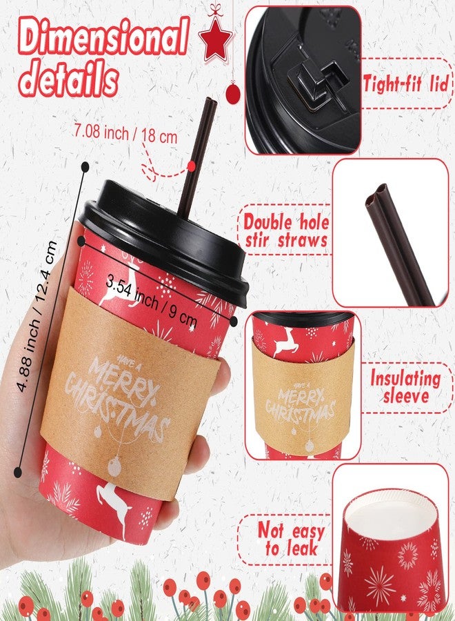 Remerry 100 Sets 400 Pcs 12 oz Christmas Disposable Coffee Cups with Lid, Straws and Sleeves Snowflake Reindeer Snowman Paper Cups Xmas Party Supplies for Hot Drink Cold Beverage(Classic Style) - Image 4