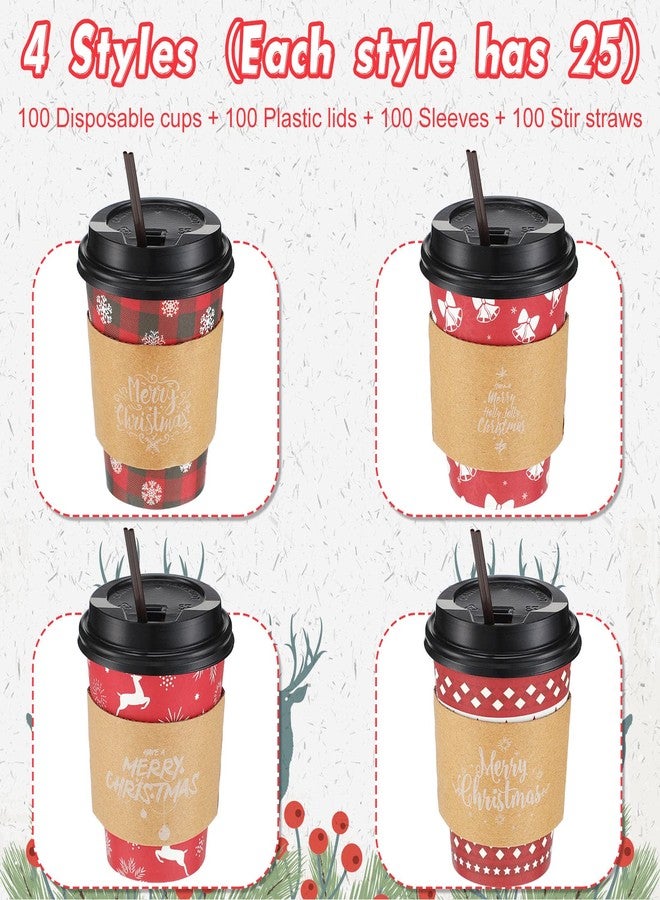 Remerry 100 Sets 400 Pcs 12 oz Christmas Disposable Coffee Cups with Lid, Straws and Sleeves Snowflake Reindeer Snowman Paper Cups Xmas Party Supplies for Hot Drink Cold Beverage(Classic Style) - Image 5