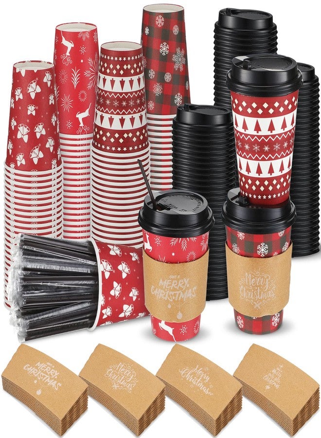 Remerry 100 Sets 400 Pcs 12 oz Christmas Disposable Coffee Cups with Lid, Straws and Sleeves Snowflake Reindeer Snowman Paper Cups Xmas Party Supplies for Hot Drink Cold Beverage(Classic Style) - Image 1