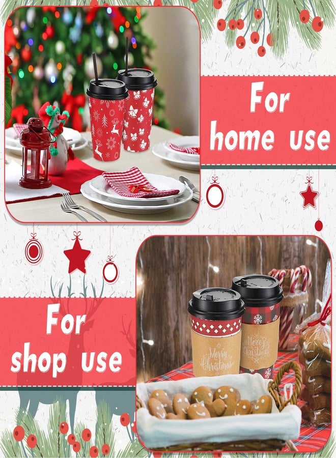Remerry 100 Sets 400 Pcs 12 oz Christmas Disposable Coffee Cups with Lid, Straws and Sleeves Snowflake Reindeer Snowman Paper Cups Xmas Party Supplies for Hot Drink Cold Beverage(Classic Style) - Image 3