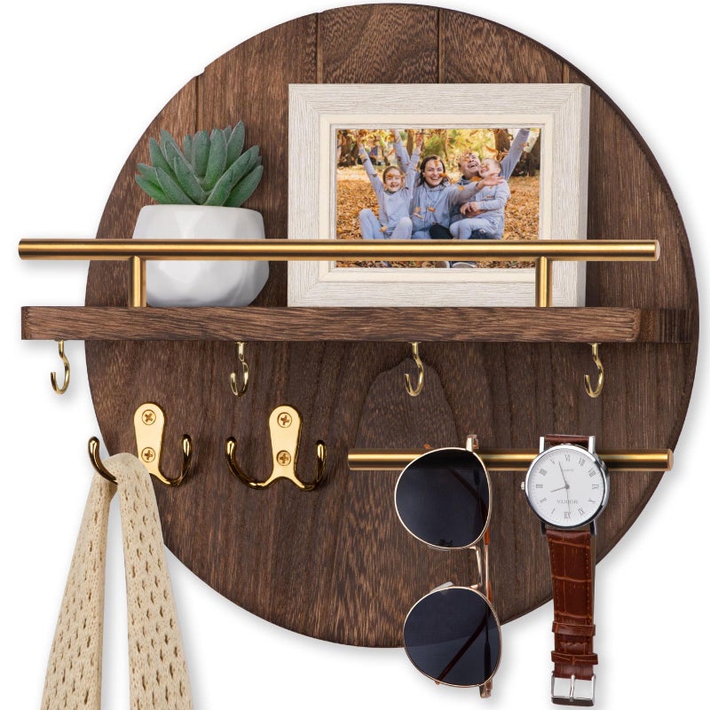 Nekon Key Holder Wall Mount, 11.8 Inch Rack With Shelf and 6 Hooks, Rustic Mail Organizer, Circular Wooden Hanger for Entryway Hallway Kitchen (Brown&Gold) - Image 1