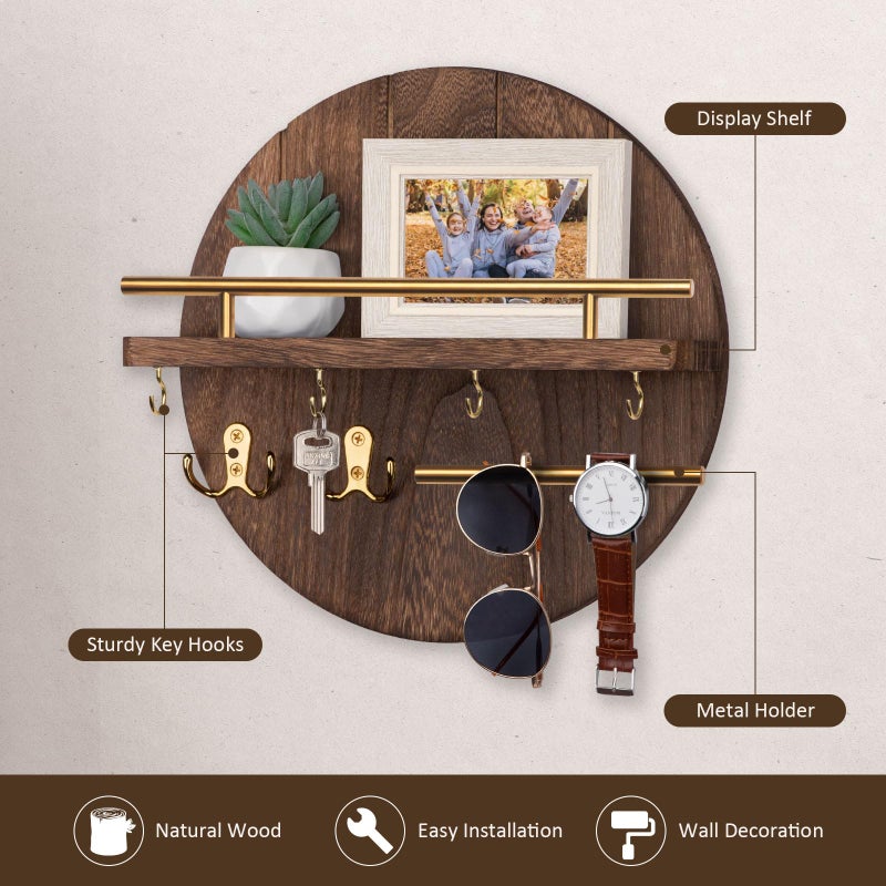 Nekon Key Holder Wall Mount, 11.8 Inch Rack With Shelf and 6 Hooks, Rustic Mail Organizer, Circular Wooden Hanger for Entryway Hallway Kitchen (Brown&Gold) - Image 2