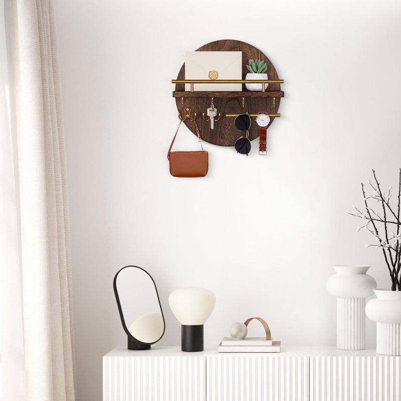 Nekon Key Holder Wall Mount, 11.8 Inch Rack With Shelf and 6 Hooks, Rustic Mail Organizer, Circular Wooden Hanger for Entryway Hallway Kitchen (Brown&Gold) - Image 4