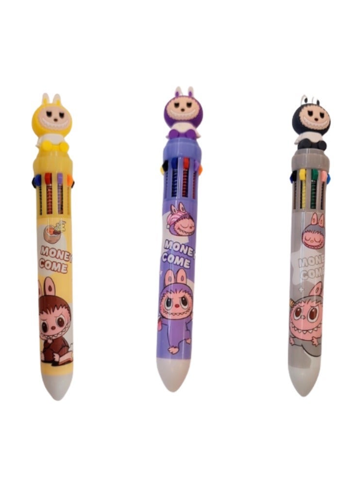 LABUBU 3 Pens Pack - Labubu Multi-Colored ink Cute Cartoon Design Pen - Creativity and Fun in One Pen -Purple Yellow Gray - Image 1