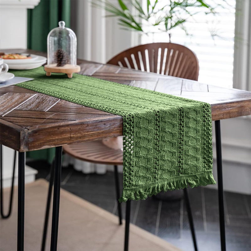 Alynsehom Macrame Table Runner Green Boho Table Runners with Tassels Hand Woven Cotton Table Runner Rustic Farmhouse Table Runners for Bohemian Kitchen Dining Table(12x36in) - Image 3