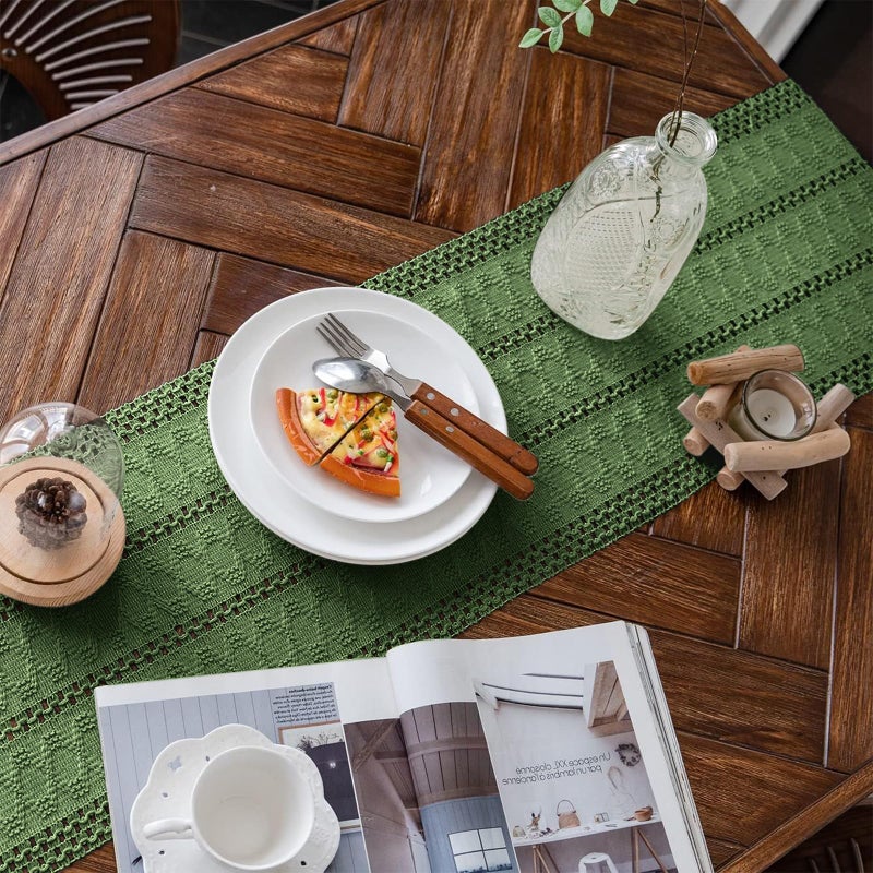 Alynsehom Macrame Table Runner Green Boho Table Runners with Tassels Hand Woven Cotton Table Runner Rustic Farmhouse Table Runners for Bohemian Kitchen Dining Table(12x36in) - Image 2