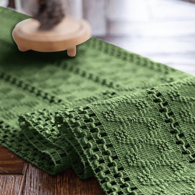 Alynsehom Macrame Table Runner Green Boho Table Runners with Tassels Hand Woven Cotton Table Runner Rustic Farmhouse Table Runners for Bohemian Kitchen Dining Table(12x36in) - Image 5