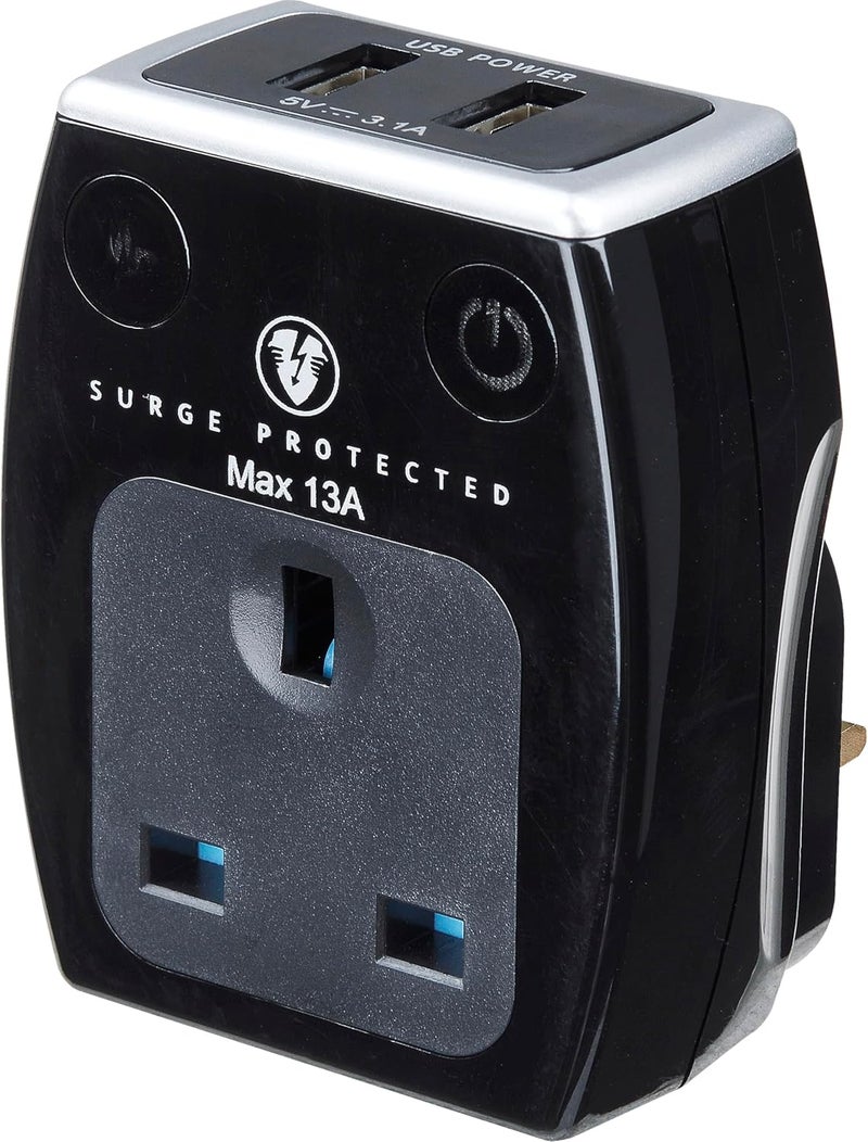 ماستربلاج Masterplug محول طاقة محمي من التيار الزائد بمقبس واحد مع نقطتي شحن USB، محول مقبس 3 طرق 3 مقابس (أسود) - Image 5