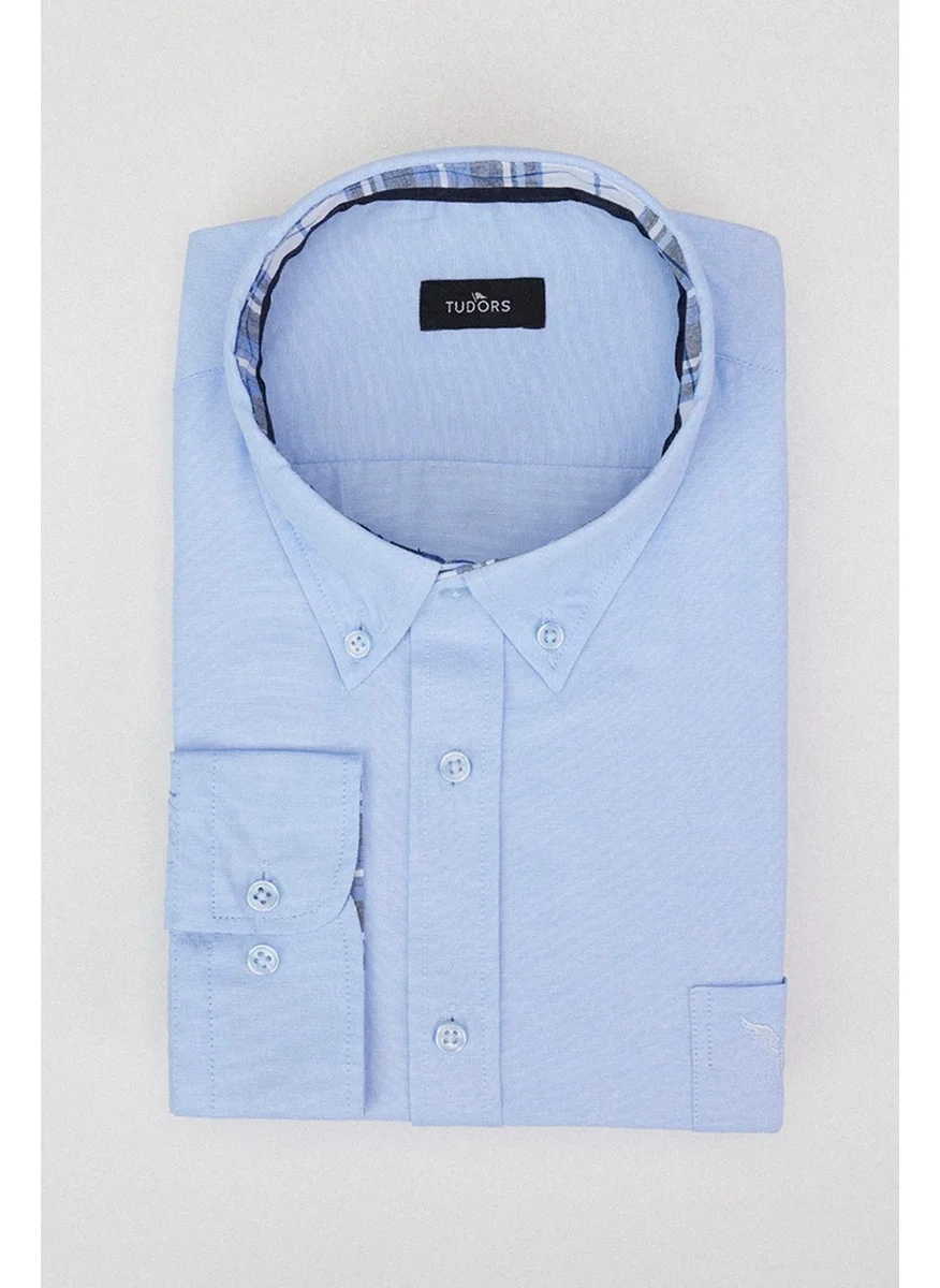 Tudors Men's Large Size Comfortable Cut Cotton Easy-Iron Button Collar Plain Blue Sports Shirt