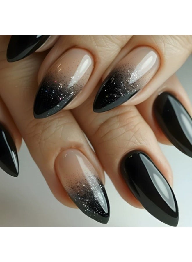 Goolsky Premium 24-Piece Long Almond-Shaped Press-on Nails with Black Gradient & Glitter for Edgy Glamour - Image 1