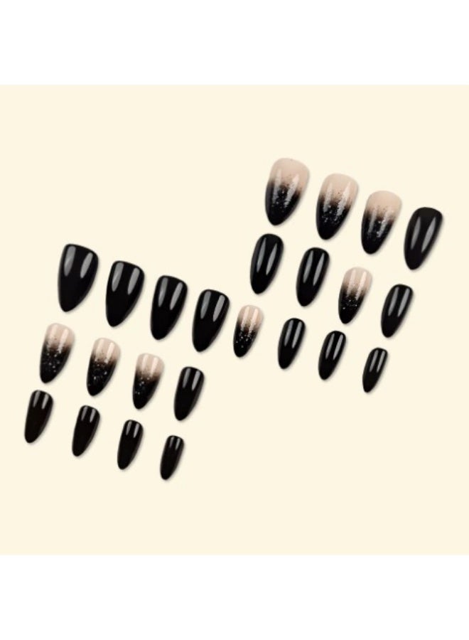 Goolsky Premium 24-Piece Long Almond-Shaped Press-on Nails with Black Gradient & Glitter for Edgy Glamour - Image 3