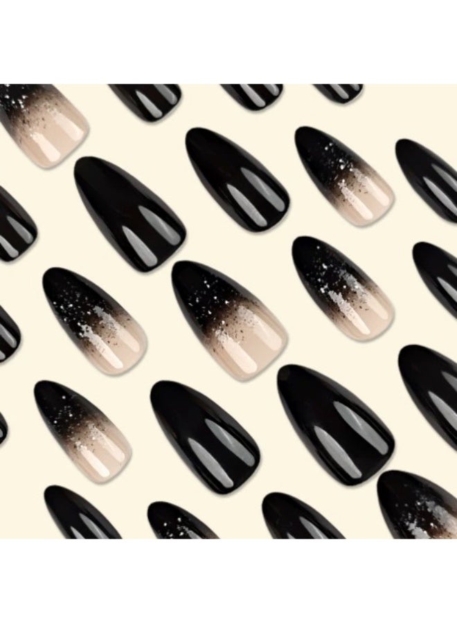 Goolsky Premium 24-Piece Long Almond-Shaped Press-on Nails with Black Gradient & Glitter for Edgy Glamour - Image 4