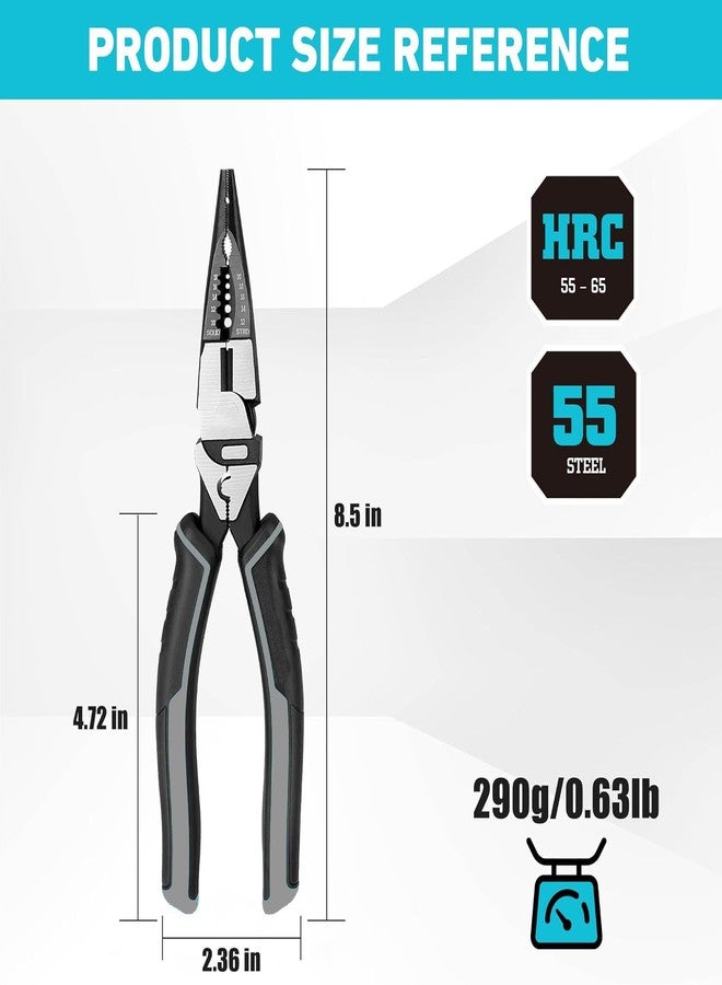 RECTITUDE 6-in-1 Multipurpose Needle Nose Pliers, 8.5" Long Nose Pliers with Wire Stripper/Crimper/Cutter Function, Heavy Duty Electrician Pliers for Crimping, Stripping, Shearing - Image 2