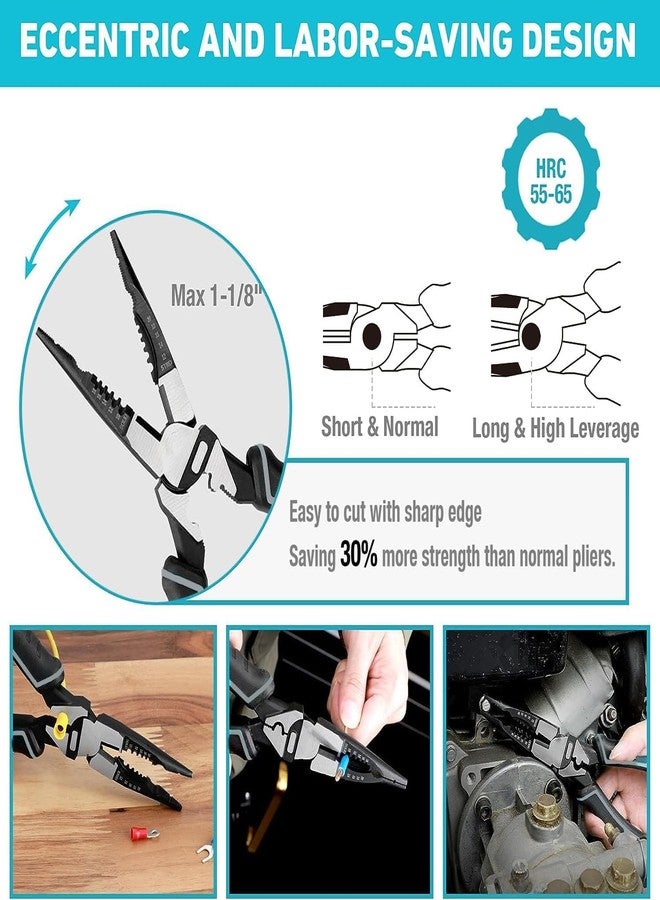 RECTITUDE 6-in-1 Multipurpose Needle Nose Pliers, 8.5" Long Nose Pliers with Wire Stripper/Crimper/Cutter Function, Heavy Duty Electrician Pliers for Crimping, Stripping, Shearing - Image 3