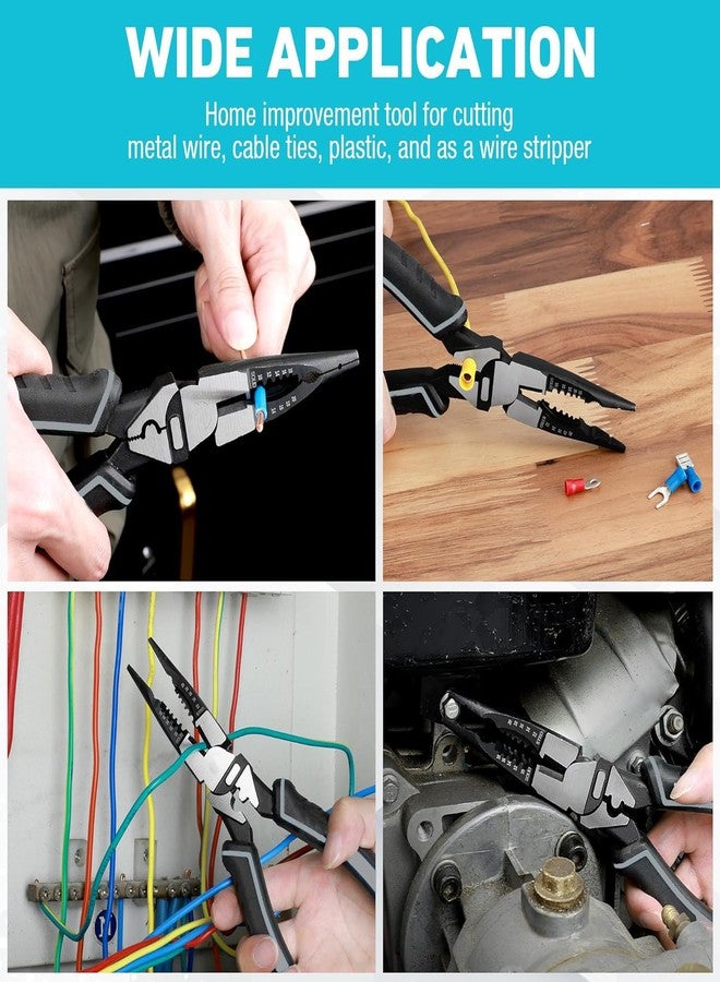 RECTITUDE 6-in-1 Multipurpose Needle Nose Pliers, 8.5" Long Nose Pliers with Wire Stripper/Crimper/Cutter Function, Heavy Duty Electrician Pliers for Crimping, Stripping, Shearing - Image 4