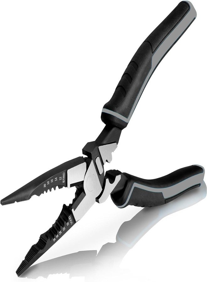 RECTITUDE 6-in-1 Multipurpose Needle Nose Pliers, 8.5" Long Nose Pliers with Wire Stripper/Crimper/Cutter Function, Heavy Duty Electrician Pliers for Crimping, Stripping, Shearing - Image 1