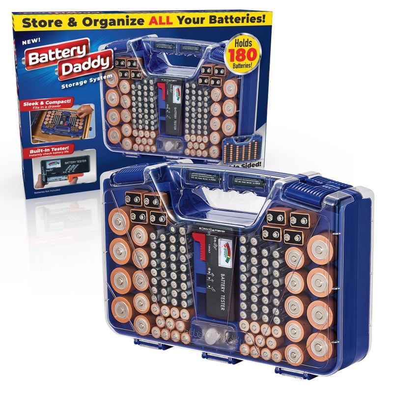 Ontel Battery Daddy Storage Organizer Case with Tester Stores Protects Up to 180 Batteries DoubleSided Durable Design with Clear Locking Lid Secure Latches Portable Carrying Handle Blue