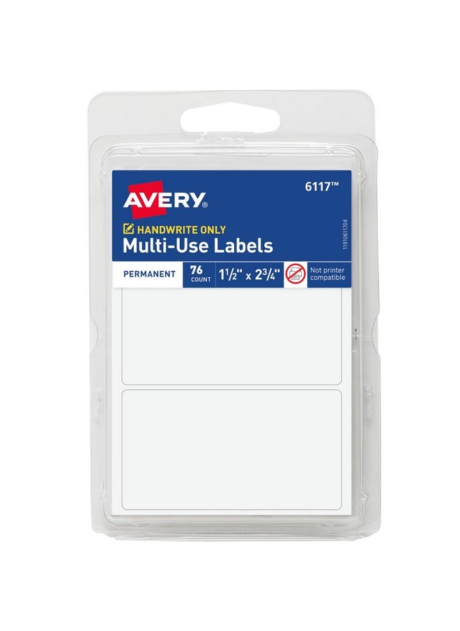 افيري ملصقات دائمة متعددة الاستخدامات من Avery، مقاس 1.5 بوصة × 2.75 بوصة، بيضاء، غير قابلة للطباعة، إجمالي 76 ملصقًا فارغًا (6117)  - Image 1