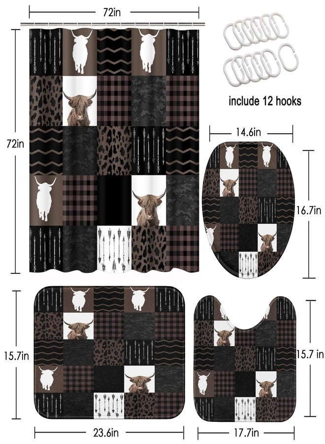 Tayney Highland Cow Farm Brown Black Checked Shower Curtain Set with Toilet Lid Cover and Non-Slip Rugs, 4 Pcs Shower Curtain with 12 Hooks, Farmhouse Bathroom Set with Rugs and Accessories - Image 2