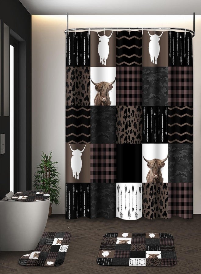 Tayney Highland Cow Farm Brown Black Checked Shower Curtain Set with Toilet Lid Cover and Non-Slip Rugs, 4 Pcs Shower Curtain with 12 Hooks, Farmhouse Bathroom Set with Rugs and Accessories - Image 1