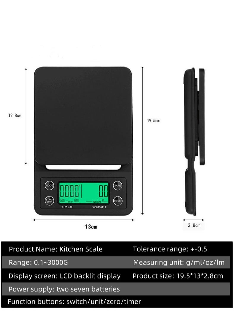 Kitchen Electronic Coffee Scale LED Backlight Display High-precision Sensor With Timing Function and Thermal Insulation Pad Maximum Weight 3 kg Baking Electronic Scale Battery Scale