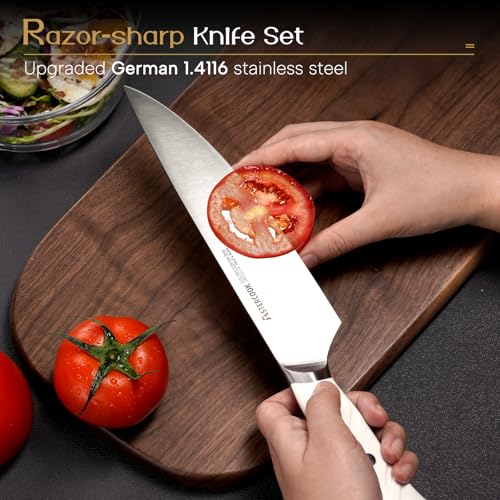 Astercook Knife Set Kitchen with Block and Dual Sharpener Full Tang 15 Pcs German Stainless Steel Knives Dishwasher Safe Kitchen Utensils Set with Anti-slip Ergonomic Handle, Elegant White - Image 2