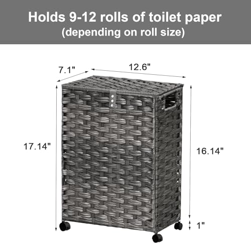 Hiagnete Toilet Paper Storage Basket with Lid and Wheels, Rattan Toilet Paper Holder Storage, Toilet Paper Organizer for Bathroom, Bedroom, Kitchen, 12.6”L x 7.1”W x 17.14”H, Naturall - Image 4