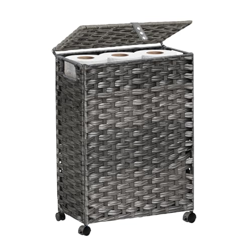 Hiagnete Toilet Paper Storage Basket with Lid and Wheels, Rattan Toilet Paper Holder Storage, Toilet Paper Organizer for Bathroom, Bedroom, Kitchen, 12.6”L x 7.1”W x 17.14”H, Naturall - Image 1