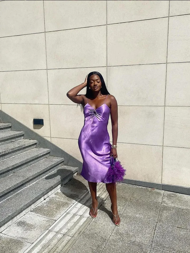 HICCUP Satin V Neck Strappy Midi Dress with a Ruched Front