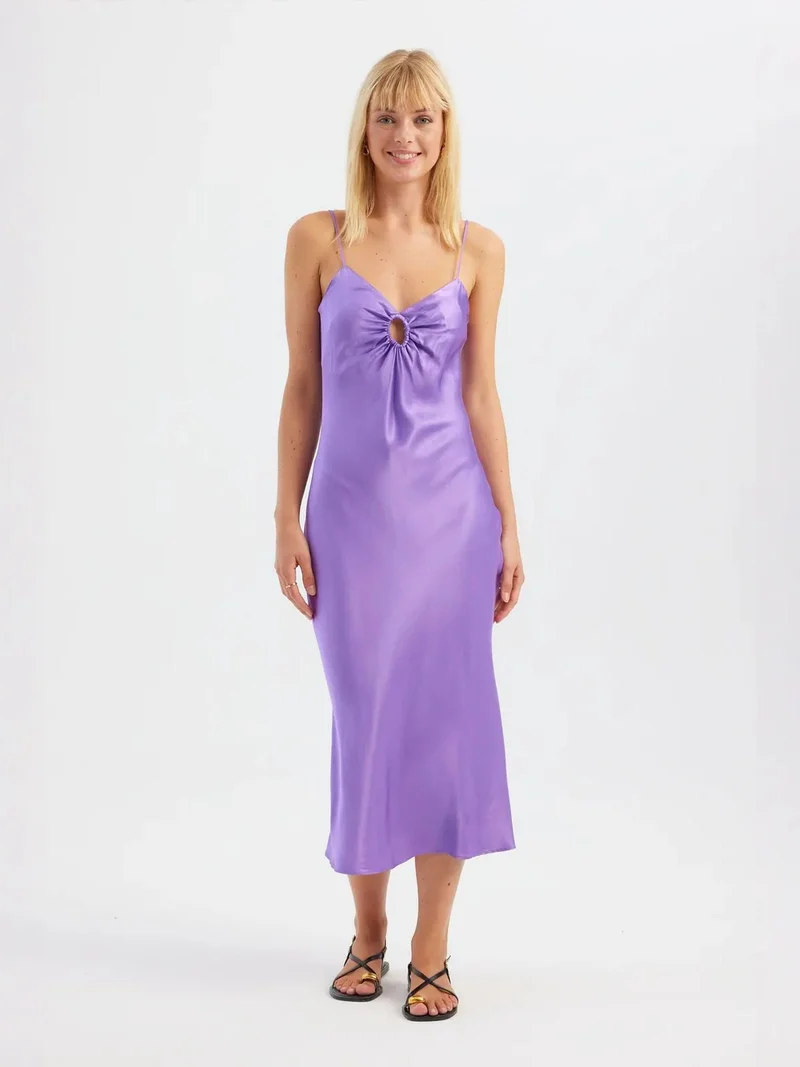 HICCUP Satin V Neck Strappy Midi Dress with a Ruched Front