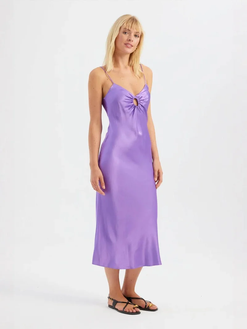 HICCUP Satin V Neck Strappy Midi Dress with a Ruched Front