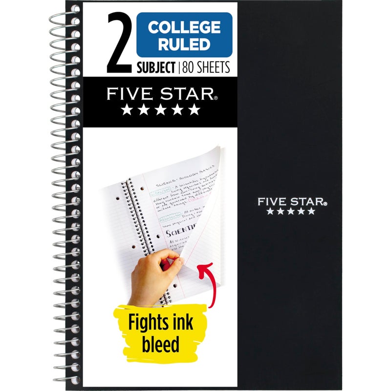 Five Star Spiral Notebook, 2 Subject, College Ruled Paper, 6" x 9-1/2", 80 Sheets, Fights Ink Bleed, Water Resistant Cover, Black (840029AA2-ECM) - Image 1