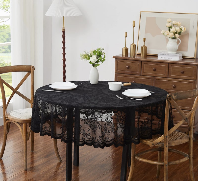 LinenZone Beautiful Round Lace Tablecloth with Elegant Scalloped Bottom for Any Special Event Such as Wedding  Birthday Party  Baby Shower  Anniversary. Sits 4 to 6 People. (Luna TC 60 Round  Black) - Image 1