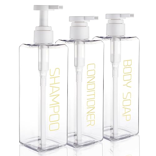 Hethyo Shampoo and Conditioner Dispenser Shower Soap Bottles 3 Pack 550ml/18.6oz Refillable Shampoo Pump Bottle Dispenser Plastic Empty Body Wash Dispensers with Stylish Permanent Labels for Bathroom (Clear) - Image 1