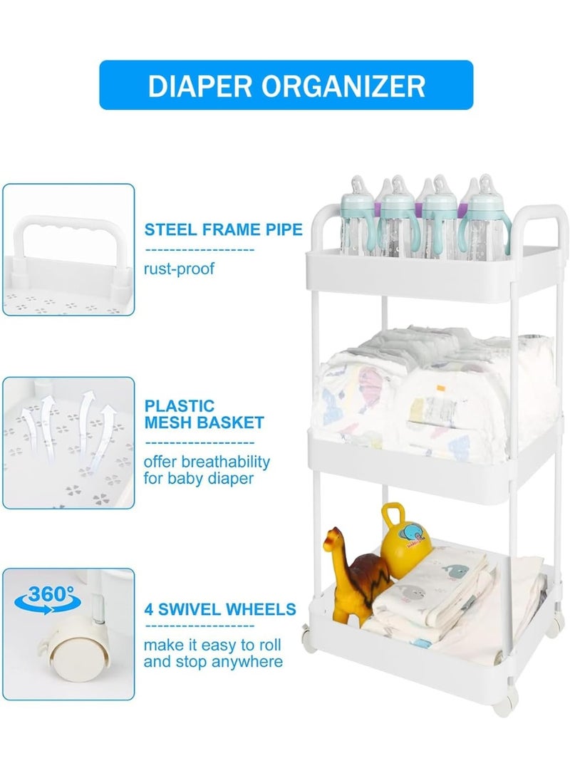 Volnamal Diaper Caddy Organizer, 3-Tier Movable Diaper Cart with Wheels, Newborn Essentials Must Haves, Diaper Caddy for Wipes & Diapers, Baby Registry Search - Plastic White  - Image 3